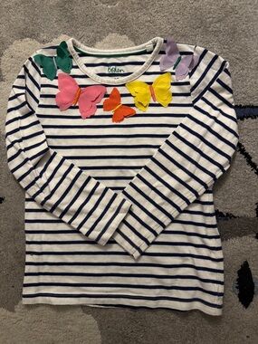 Boden Navy & White Stripe Long Sleeve Top with Colorful Butterfly Appliqués